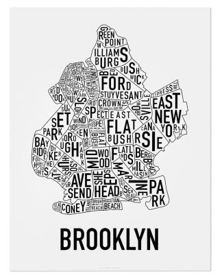 Brooklyn Neighborhood Typography Map, Classic B&W, 18" x 24"