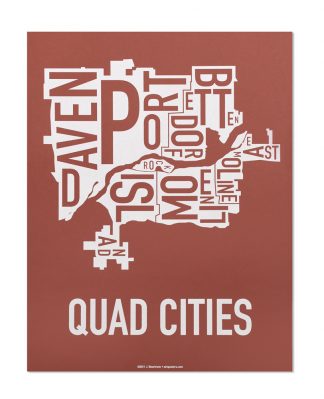 Quad Cities Iowa Typography Map, Brick Red & White, 11" x 14"