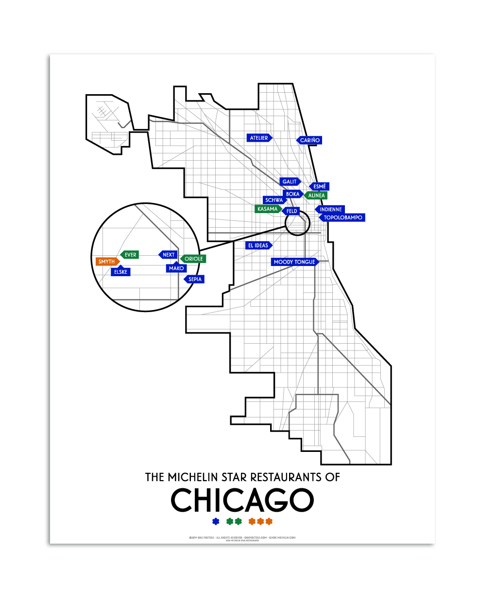 Chicago 2026 Michelin Star Restaurants Map 11" x 14" Print