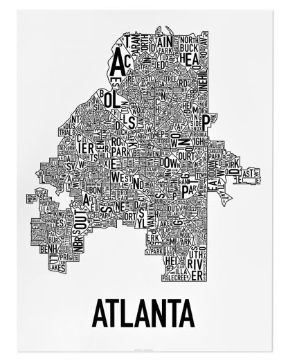 Atlanta Neighborhood Map Poster, 18" x 24", Classic B&W