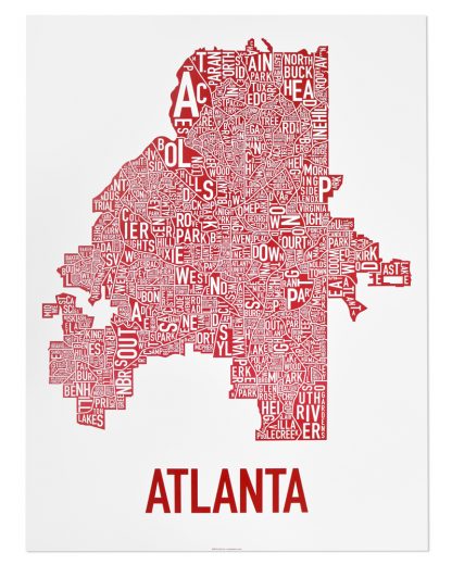 Atlanta Neighborhood Map Poster, 18" x 24", White & Red