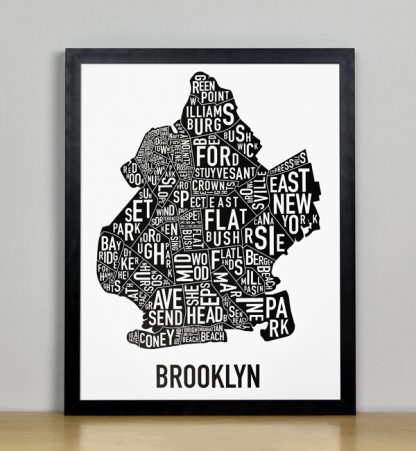 Framed Boston Typographic Neighborhood Map Poster, B&W, 11" x 14" in Black Frame