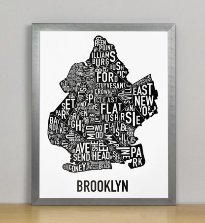 Framed Boston Typographic Neighborhood Map Poster, B&W, 11" x 14" in Grey Frame