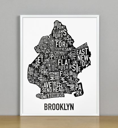Framed Boston Typographic Neighborhood Map Poster, B&W, 11" x 14" in White Metal Frame