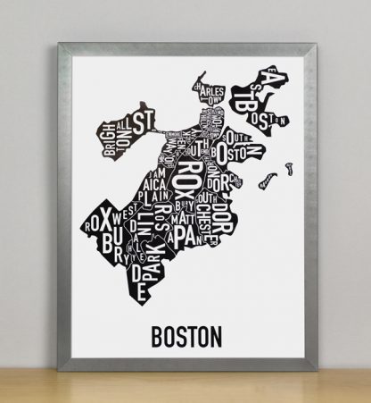 Framed Boston Typographic Neighborhood Map, 11" x 14" in Steel Grey Frame