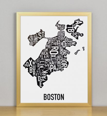 Framed Boston Typographic Neighborhood Map, 11" x 14" in Bronze Frame