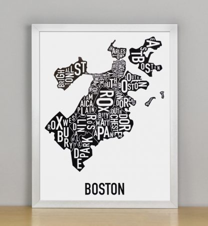 Framed Boston Typographic Neighborhood Map, 11" x 14" in Silver Frame
