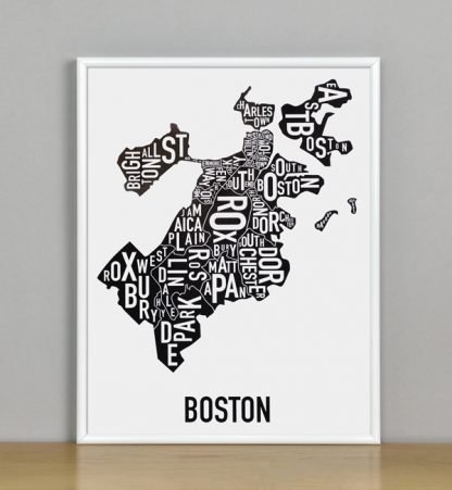 Framed Boston Typographic Neighborhood Map, 11" x 14" in White Metal Frame