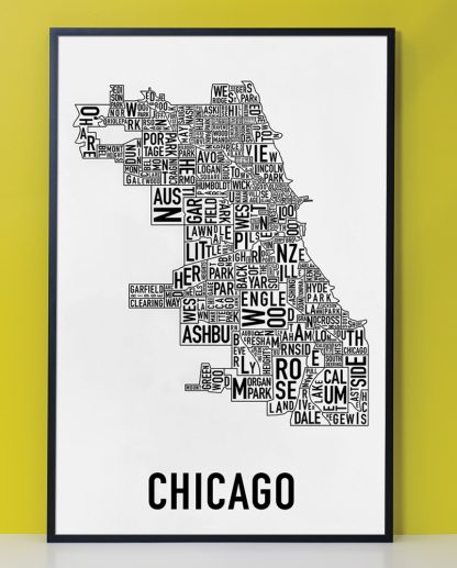 Framed Chicago Neighborhood Map Poster, Classic B&W, 24" x 36" in Black Frame