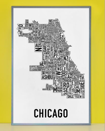 Framed Chicago Neighborhood Map Poster, Classic B&W, 24" x 36" in Steel Grey Frame