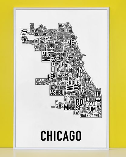 Framed Chicago Neighborhood Map Poster, Classic B&W, 24" x 36" in Silver Frame