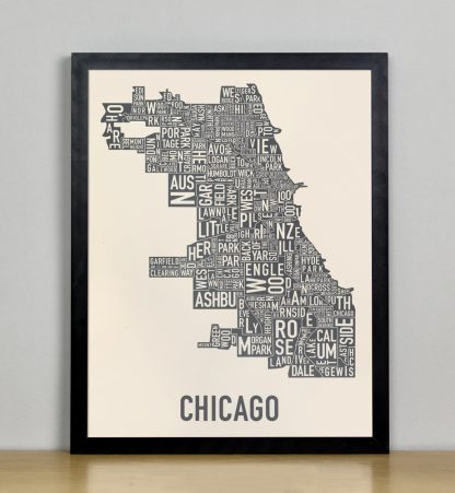 Framed Chicago Neighborhood Map Screenprint, Ivory & Grey, 11" x 14" in Black Frame