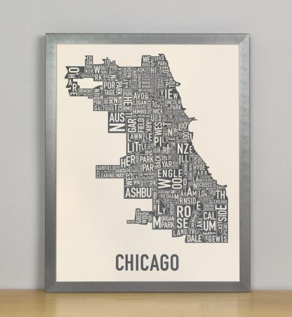Framed Chicago Neighborhood Map Screenprint, Ivory & Grey, 11" x 14" in Steel Grey Frame