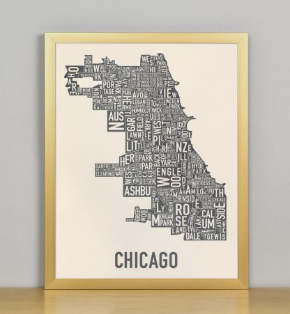 Framed Chicago Neighborhood Map Screenprint, Ivory & Grey, 11" x 14" in Bronze Frame