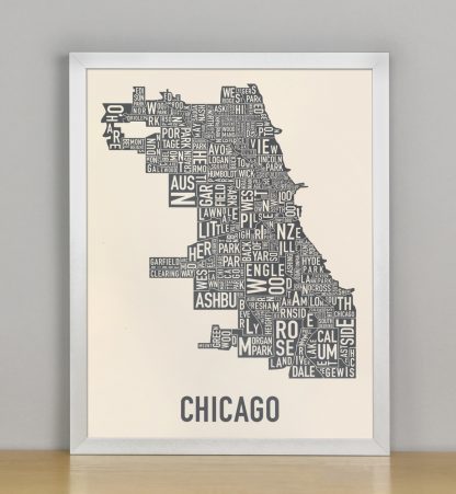 Framed Chicago Neighborhood Map Screenprint, Ivory & Grey, 11" x 14" in Silver Frame