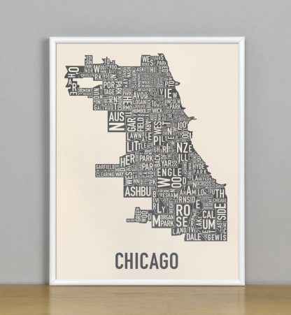 Framed Chicago Neighborhood Map Screenprint, Ivory & Grey, 11" x 14" in White Metal Frame