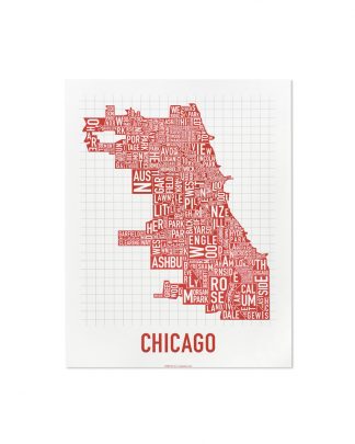 Chicago Neighborhood Map Poster, Spicy Red, 11" x 14"
