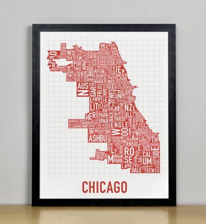 Framed Chicago Typographic Neighborhood Map Poster, Spicy Red, 11" x 14" in Black Frame