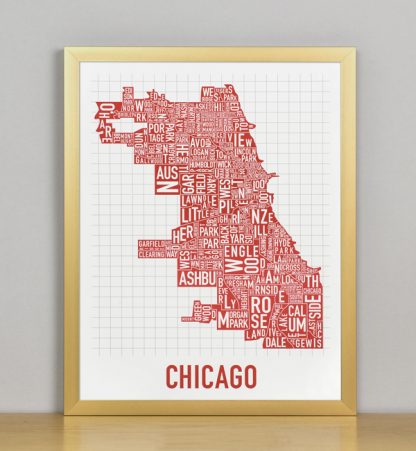 Framed Chicago Typographic Neighborhood Map Poster, Spicy Red, 11" x 14" in Bronze Frame