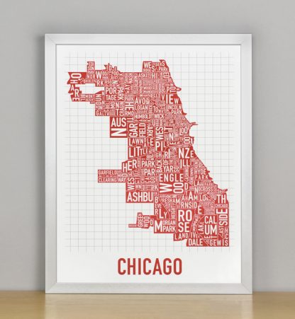 Framed Chicago Typographic Neighborhood Map Poster, Spicy Red, 11" x 14" in Silver Frame