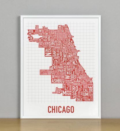 Framed Chicago Typographic Neighborhood Map Poster, Spicy Red, 11" x 14" in White Metal Frame
