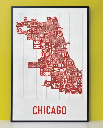 Framed Chicago Neighborhood Map Poster, White & Red, 24" x 36" in Black Frame