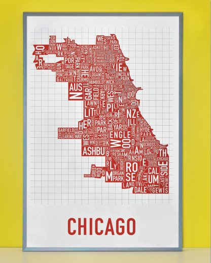 Framed Chicago Neighborhood Map Poster, White & Red, 24" x 36" in Steel Grey Frame