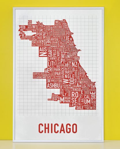 Framed Chicago Neighborhood Map Poster, White & Red, 24" x 36" in Silver Frame