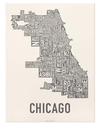 Chicago Neighborhood Map Poster, Ivory & Grey, 18" x 24"