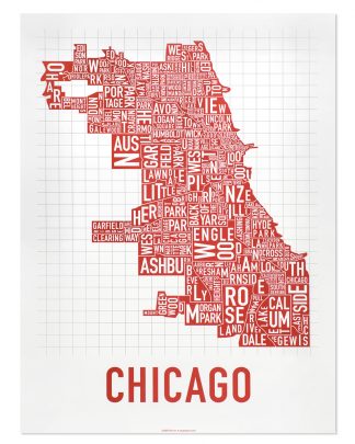 Chicago Neighborhood Map Poster, Spicy Red, 18" x 24"