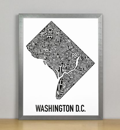 Framed Washington DC Typographic Neighborhood Map Poster, B&W, 11" x 14" in Steel Grey Frame