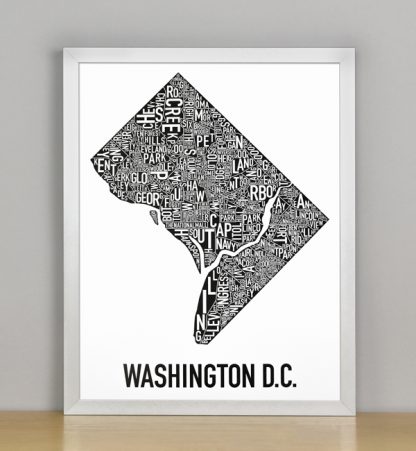 Framed Washington DC Typographic Neighborhood Map Poster, B&W, 11" x 14" in Silver Frame