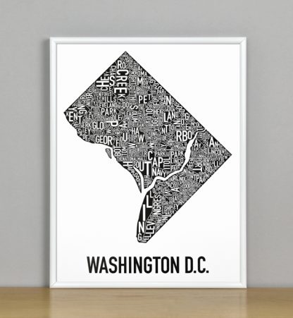 Framed Washington DC Typographic Neighborhood Map Poster, B&W, 11" x 14" in White Metal Frame