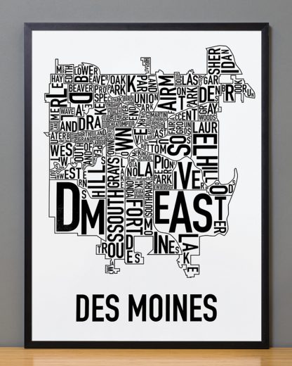 Framed Des Moines Neighborhood Poster, Classic B&W, 18" x 24" in Black Frame