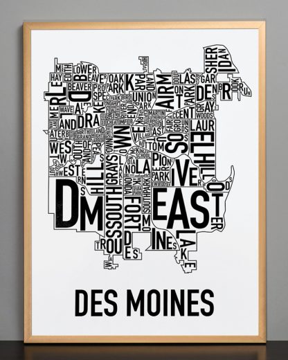 Framed Des Moines Neighborhood Poster, Classic B&W, 18" x 24" in Bronze Frame
