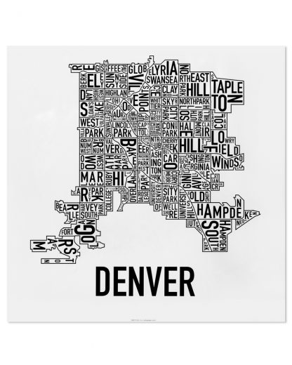 Denver Neighborhood Map, Classic B&W, 18" x 18"