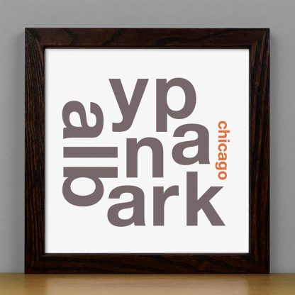 Framed Albany Park Chicago Fun With Type Mini Print, 8" x 8", White & Grey in Dark Wood Frame