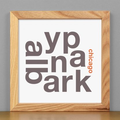 Framed Albany Park Chicago Fun With Type Mini Print, 8" x 8", White & Grey in Light Wood Frame