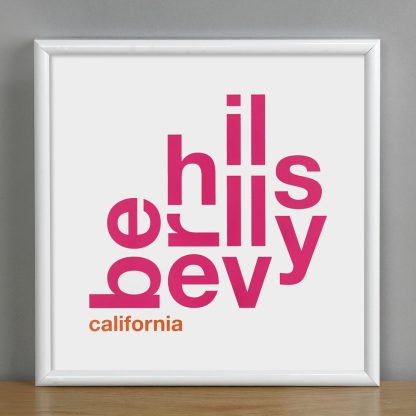 Framed Beverly Hills Fun With Type Mini Print, 8" x 8", White & Pink in White Metal Frame