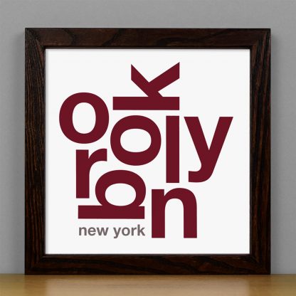 Framed Brooklyn Fun With Type Mini Print, 8" x 8", White & Maroon in Dark Wood Frame