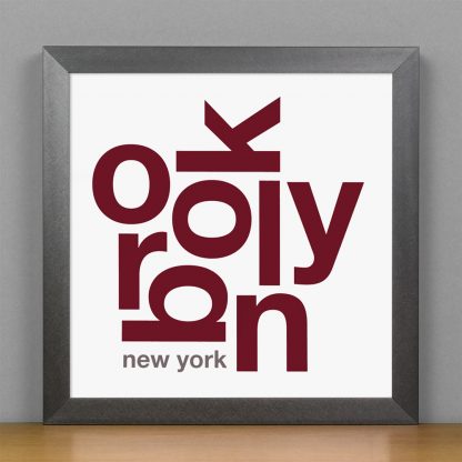 Framed Brooklyn Fun With Type Mini Print, 8" x 8", White & Maroon in Steel Grey Frame