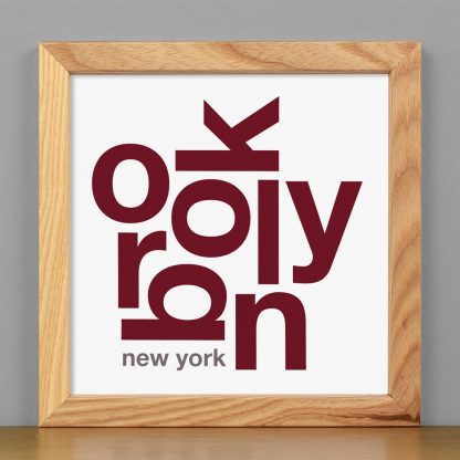 Framed Brooklyn Fun With Type Mini Print, 8" x 8", White & Maroon in Light Wood Frame