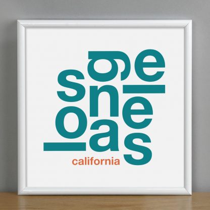 Framed Los Angeles Fun With Type Mini Print, 8" x 8", White & Teal in White Metal Frame