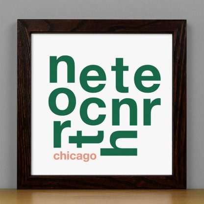 Framed North Center Chicago Fun With Type Mini Print, 8" x 8", White & Green in Dark Wood Frame