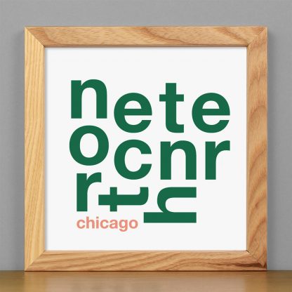 Framed North Center Chicago Fun With Type Mini Print, 8" x 8", White & Green in Light Wood Frame