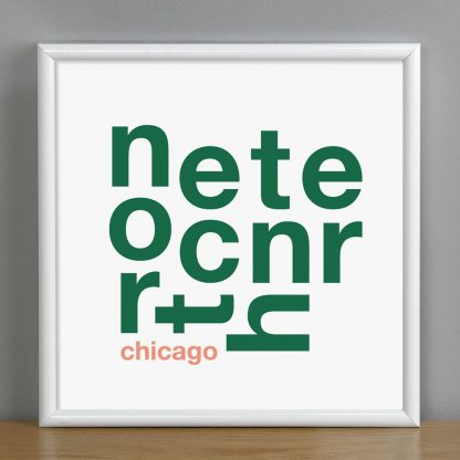 Framed North Center Chicago Fun With Type Mini Print, 8" x 8", White & Green in White Metal Frame