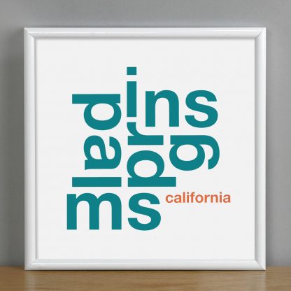 Framed Palm Springs Fun With Type Mini Print, 8" x 8", White & Teal in White Metal Frame