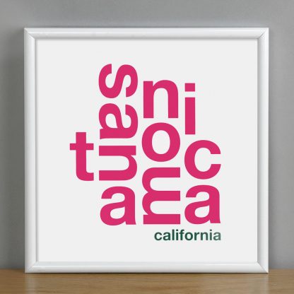 Framed Santa Monica Fun With Type Mini Print, 8" x 8", White & Pink in White Metal Frame