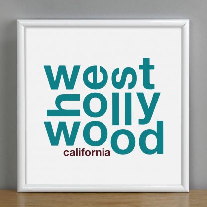 Framed West Hollywood Fun With Type Mini Print, 8" x 8", White & Teal in White Metal Frame