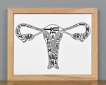 Framed Female Anatomy Typographic Mini Print, 8" x 10", B&W in Light Wood Frame